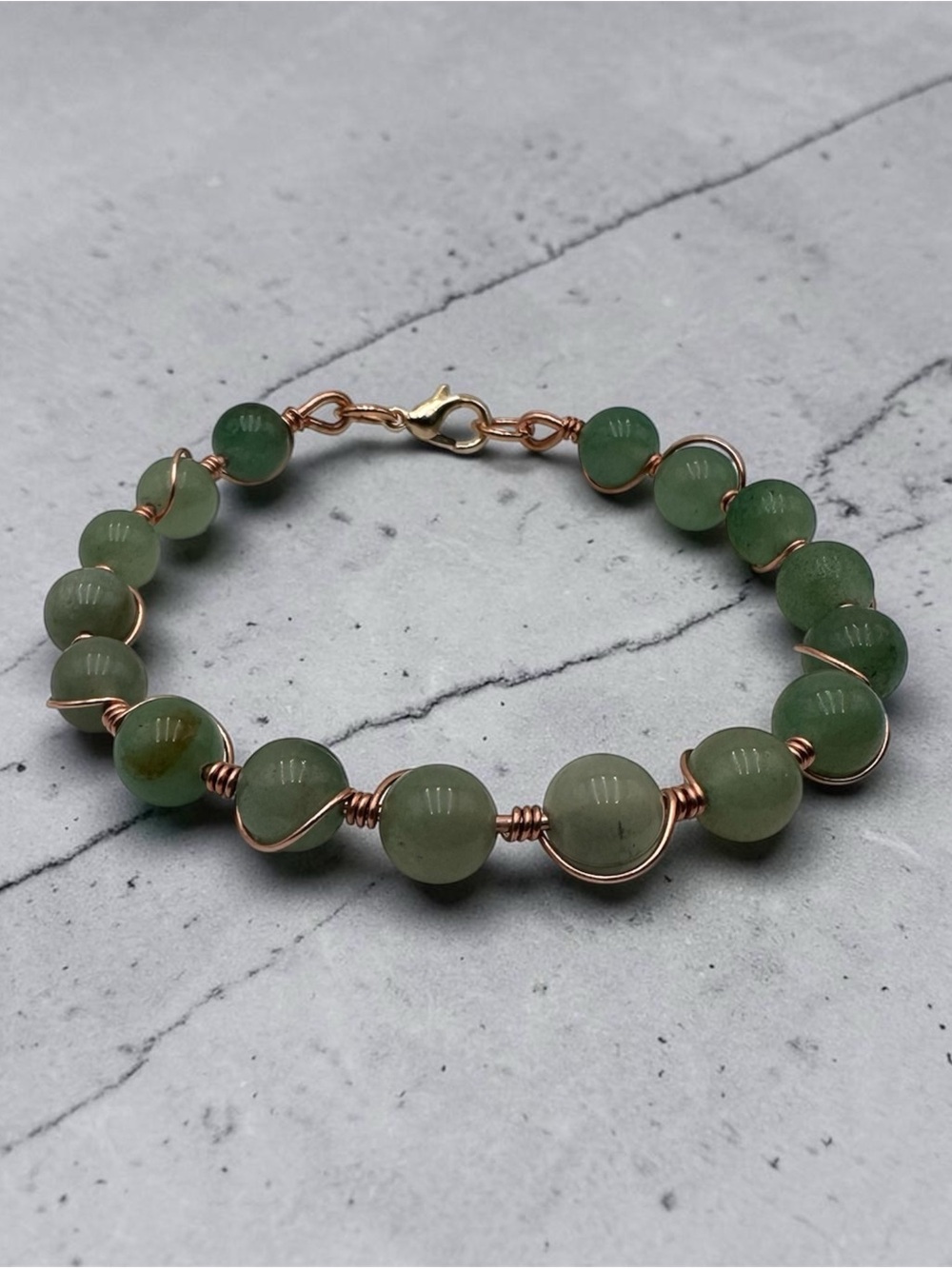 Handmade Green Aventurine Wire Wrapped Bracelet Rose Gold Copper Boho Jewelry